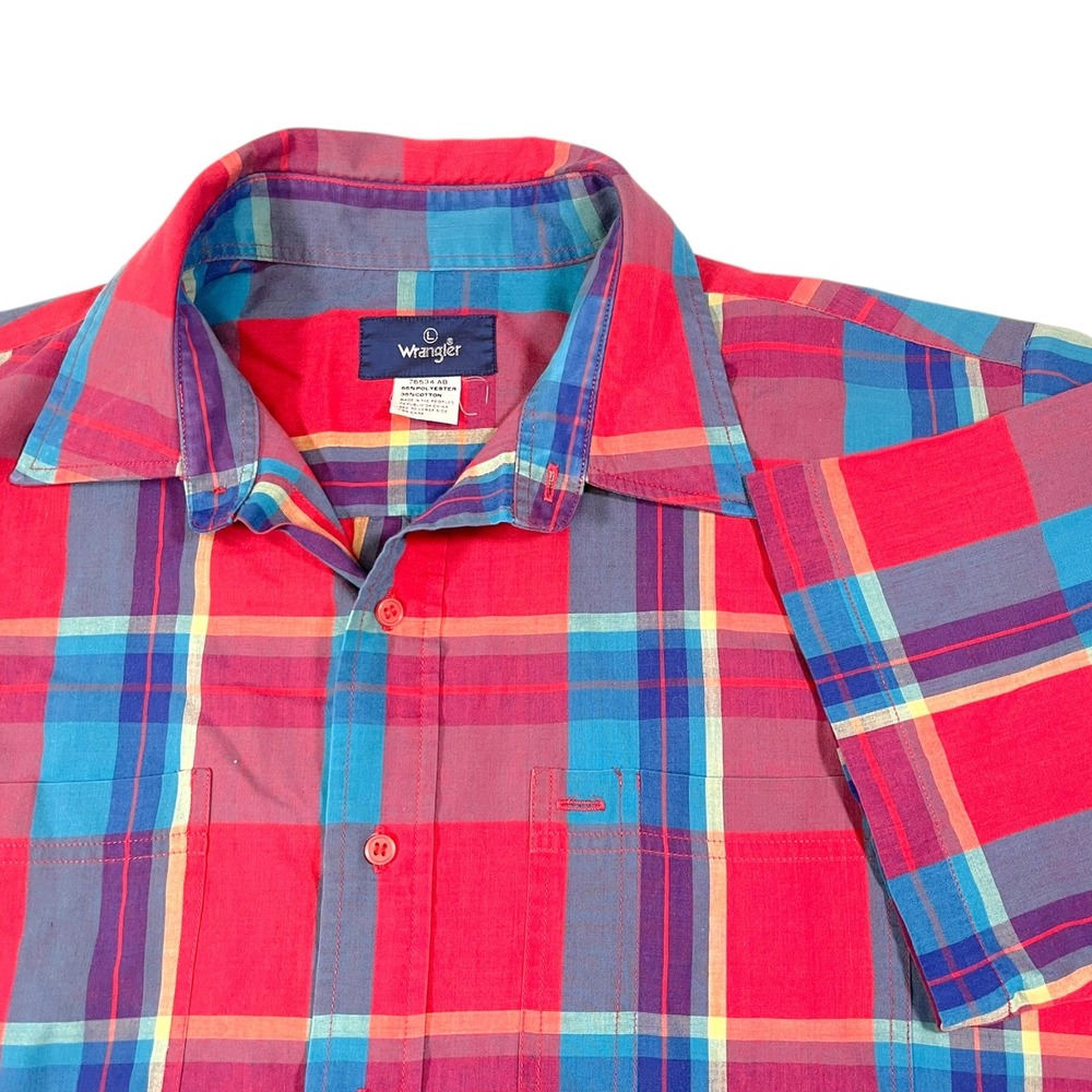 Wrangler Large Red Blue Plaid Short Sleeveโ Button Down Shirt Western Americana